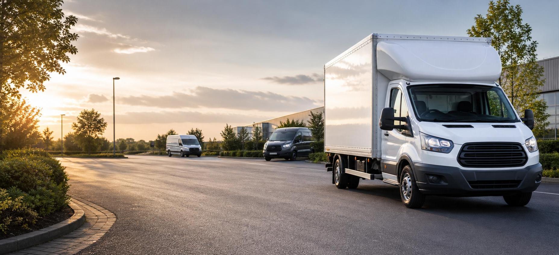 Wide hero image of a white Luton van with other hire vehicles in a modern roadside setting in Livingston